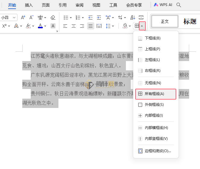 WPS文字中的段落怎么设置所有框线效果第3步