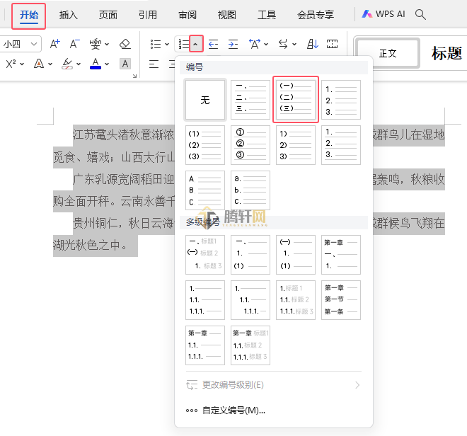 WPS文字段落设置带括号一二三编号的方法第3步